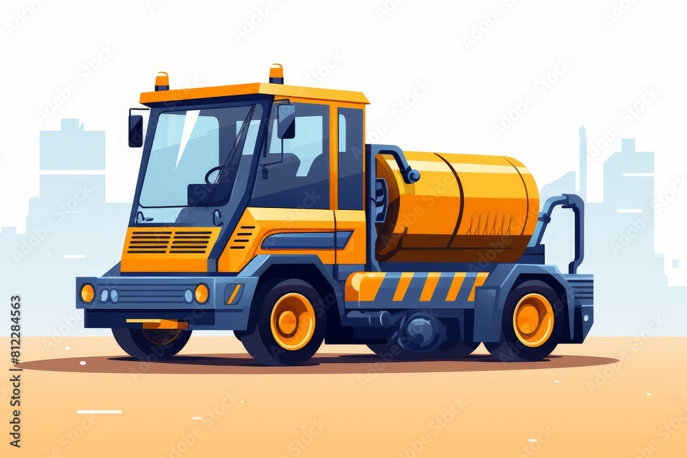 Graphic illustration of a modern yellow street sweeper truck on a city background, emphasizing urban cleanliness and maintenance.