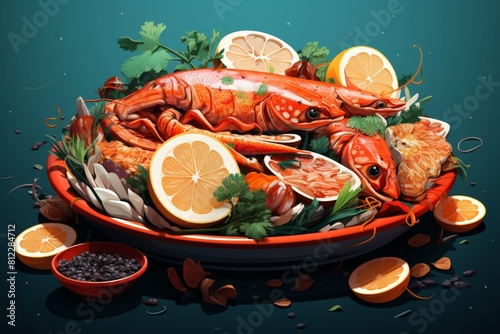 An exquisite illustration of a seafood platter featuring fresh lobsters, prawns, and citrus garnishes, set in a vibrant aquatic theme.