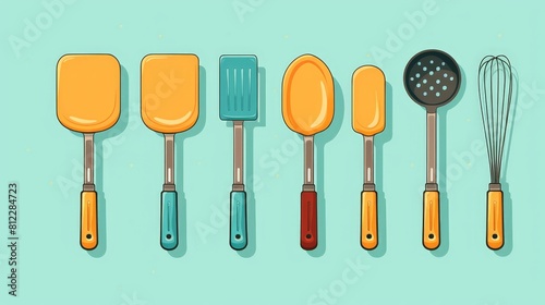 A neat row of colorful kitchen utensils including spatulas, a slotted spoon, and a whisk on a light pastel background.