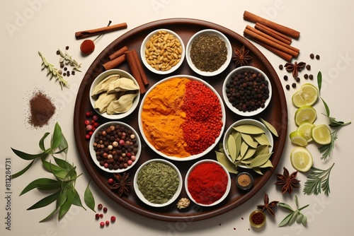 Top view of a diverse assortment of spices and herbs arranged on a wooden platter, ideal for culinary uses and decoration.