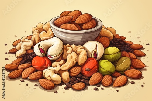 Colorful illustration of assorted nuts including almonds, cashews, and pistachios with scattered coffee beans.