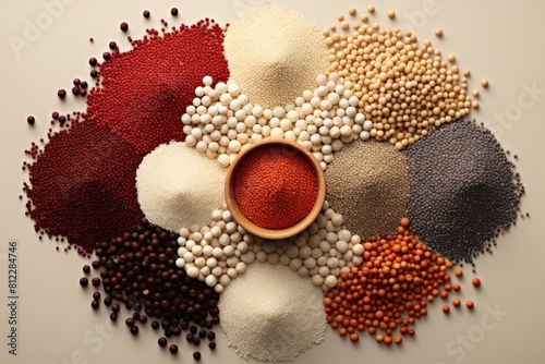 Top view of a colorful and artistic arrangement of various grains and lentils, showcasing natural textures and hues.