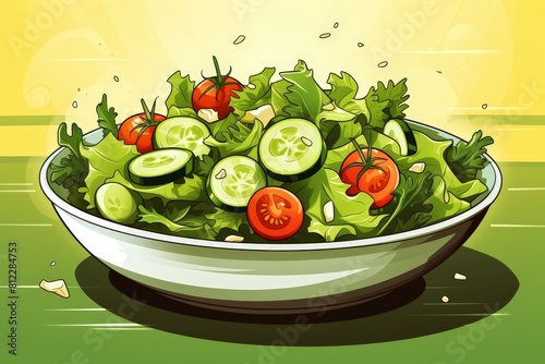 Illustration of a vibrant fresh garden salad with lush greens, sliced cucumbers, and cherry tomatoes in a white bowl.