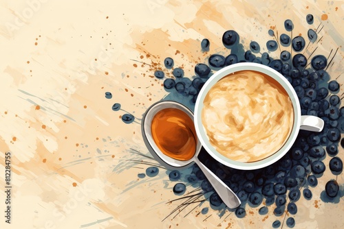 Artistic illustration of a healthy breakfast featuring oatmeal, fresh blueberries, and honey in a vibrant setting.