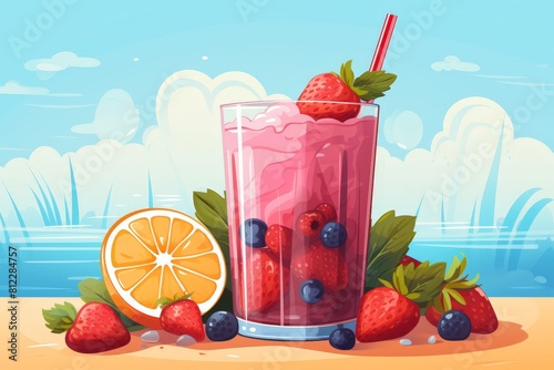 Vibrant illustration of a summer berry smoothie with strawberries, blueberries, and a slice of orange, set against a sunny backdrop.