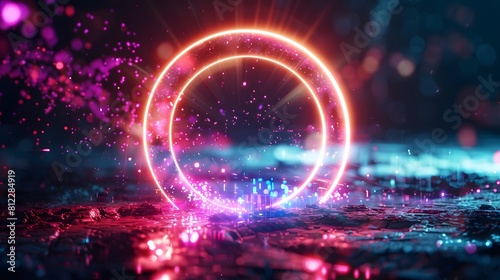 A circular object generated by artificial intelligence in a dark environment 3d render of flash neon and light glowing on dark scene. Speed light moving lines. 