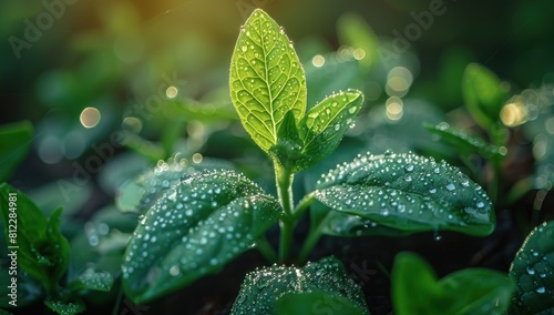 Focus on freshness: A macro shot of dewdrops glistening on the leaves of a blank seedling, conveying the idea of vitality and freshness. photo