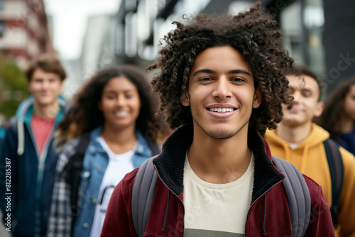 Portrait of a smiling young man with curly hair, in a group of diverse friends blurred in the background, Students walking to school together