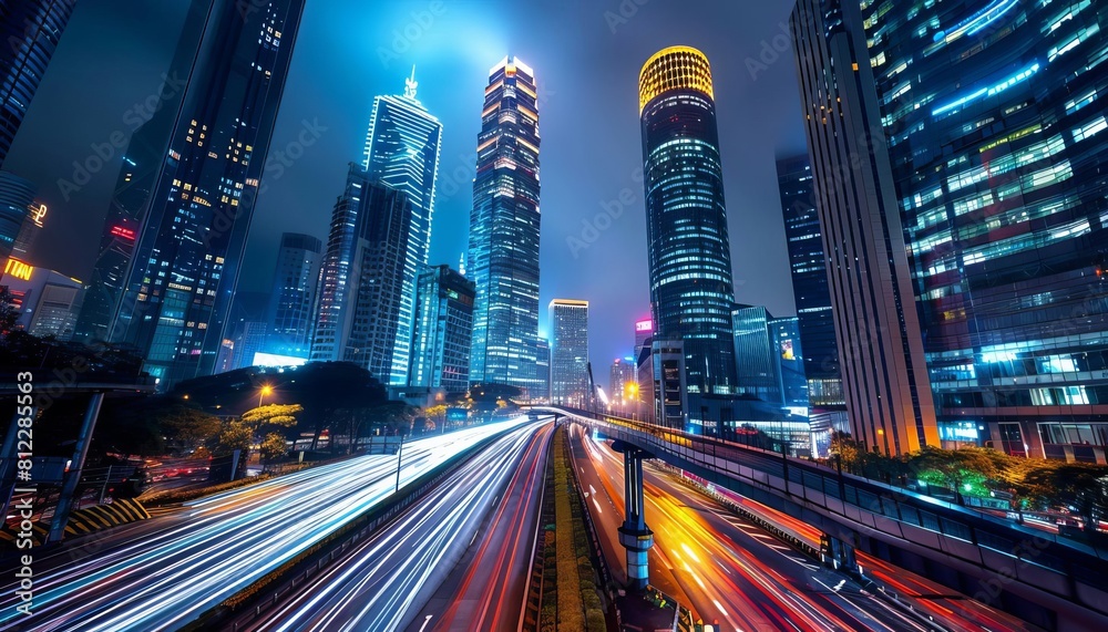 Obraz premium Depict an urban cityscape at night, with illuminated skyscrapers towering over a network of bustling streets and highways