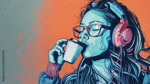 A female college student is sipping coffee and using headphones and an MP3 player to listen to music photo