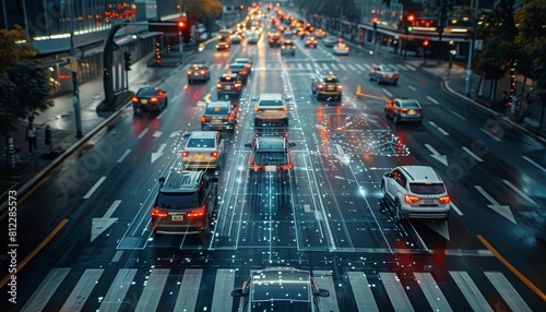 Depict an urban traffic control center using AI and IoT technologies to manage vehicle flow and reduce congestion photo