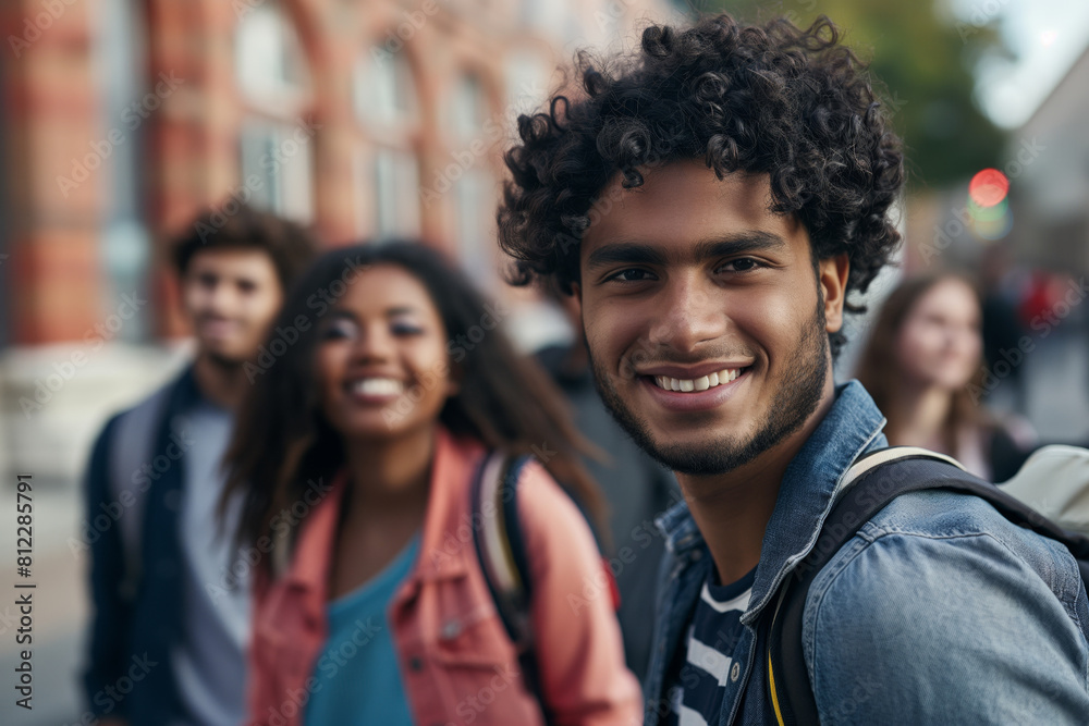 Fototapeta premium Cheerful young man with curly hair smiles at the camera with a group of diverse friends blurred in the background, enjoying a city walk together with a sense of camaraderie