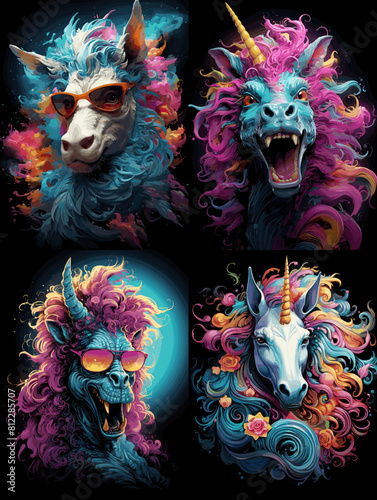 Vibrant unicorns with colorful manes and sunglasses, exuding a playful, bold vibe. A fun and whimsical fusion of fantasy, style, and artistic flair in a stunning, surreal illustration.

 photo