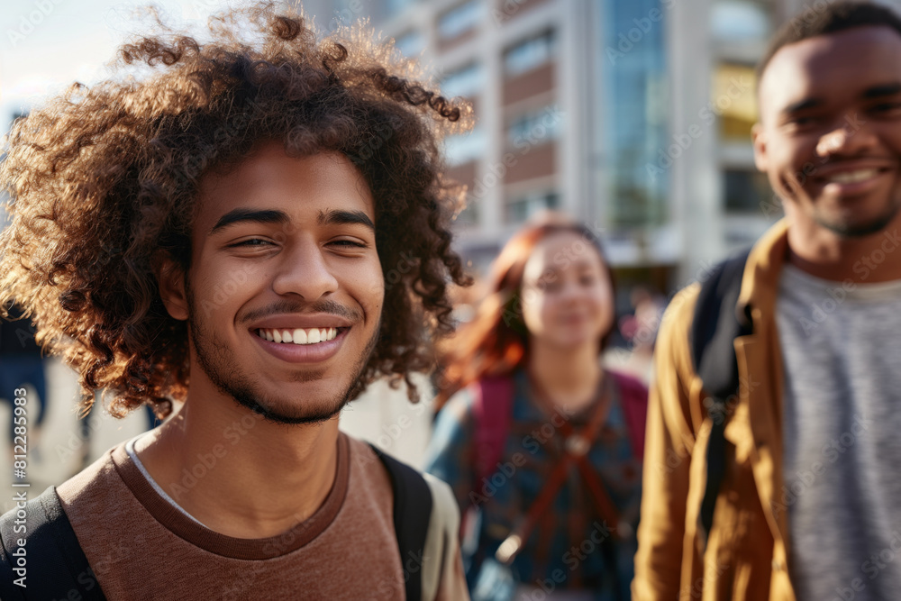 Cheerful young man with curly hair smiling at the camera, with friends in the background enjoying a sunny day outdoors in an urban setting, portraying friendship and happiness Cheerful young man with curly hair smiling at the camera, with friends in the background enjoying a sunny day outdoors in an urban setting, portraying friendship and happiness
