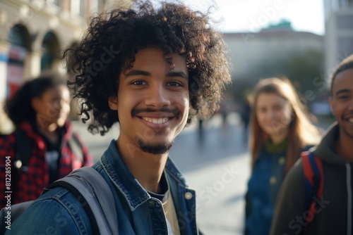 Cheerful young man with curly hair smiles brightly at the camera while enjoying a day out with his diverse group of friends in a sunny urban setting