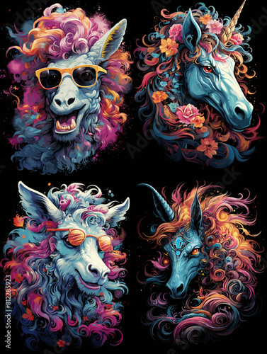 Stylish unicorns and llamas with colorful, vibrant manes, wearing sunglasses and surrounded by flowers. A whimsical and fun illustration blending fantasy, fashion, and animal charm.

