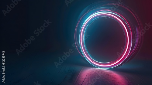 A circular object generated by artificial intelligence in a dark environment,3d render of flash neon and light glowing on dark scene. Speed light moving lines. 