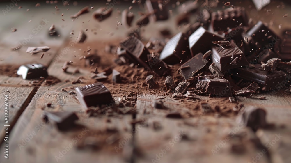 Chocolate chunks scattered over the scene Chocolate chunks scattered over the scene
