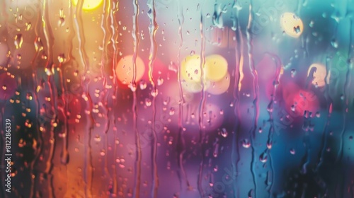 Close-up of a rainy day via a window showing water falling off glass against a hazy, colorful background