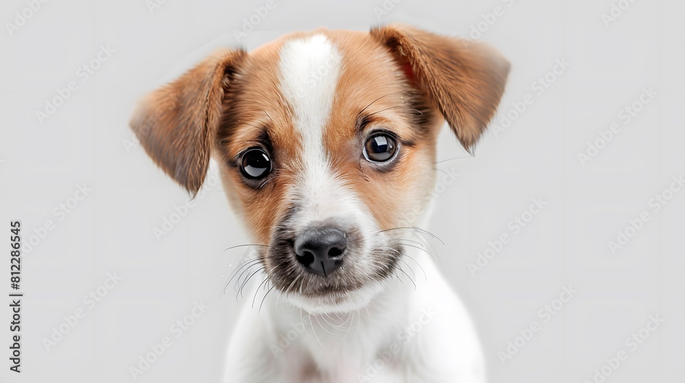Cute fluffy portrait smile Puppy dog Jack Russell Terrier that looking at camera isolated on clear png background, funny moment, lovely dog, pet concept.
