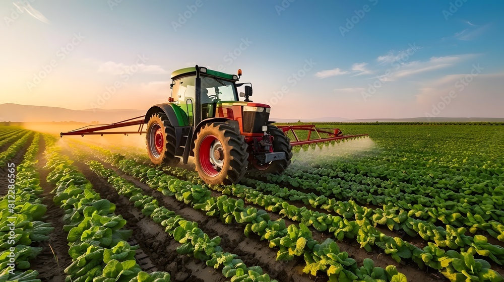 Agriculture tractor spraying fertilizer on agricultural field. Smart agriculture farming, agricultural food crops technology concept. Agriculture tractor spraying fertilizer on agricultural field. Smart agriculture farming, agricultural food crops technology concept.