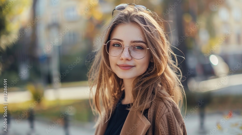 Chic and stylish student lady with glasses on. Caucasian girl student at a university grinning broadly and facing the camera.