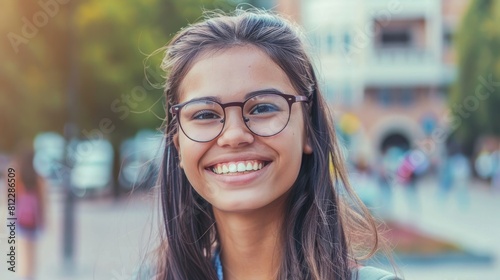 Chic and stylish student lady with glasses on. Caucasian girl student at a university grinning broadly and facing the camera. photo