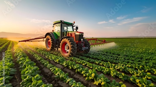 Agriculture tractor spraying fertilizer on agricultural field. Smart agriculture farming  agricultural food crops technology concept.