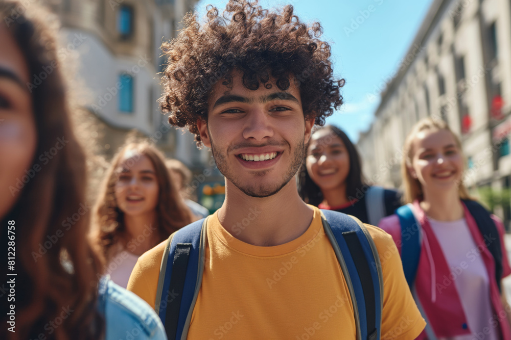 Happy young man with curly hair smiles brightly in the foreground, accompanied by his diverse group of friends blurred in the background, enjoying a sunny day in the city Happy young man with curly hair smiles brightly in the foreground, accompanied by his diverse group of friends blurred in the background, enjoying a sunny day in the city