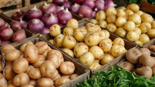 Closeup on fresh local organic potatoes and onions in wood boxes in the farmers market 
