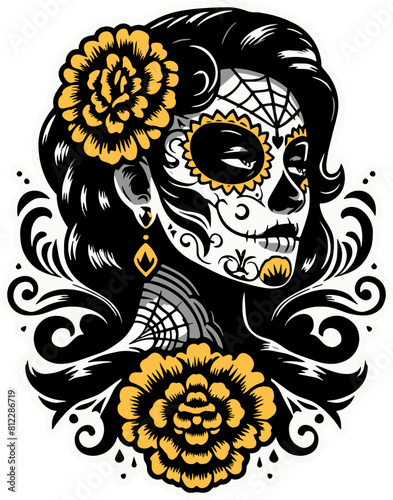  Dia de los Muertos Sugar Skull Women. Tattoo Style Woman Sugar Skull and Marigold Flower Painted Faces. Day of the Dead Sugar Skull Download PNG SVG EPS