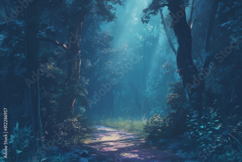 tranquil foggy forest scene with sunlight dappling the forest floor