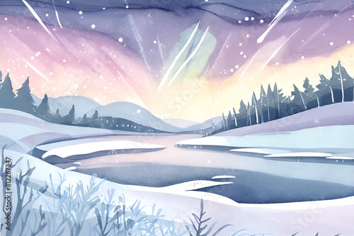 Watercolor northern lights illuminating a winter wonderland landscape with snowy fields, frosted trees, and ice-covered rivers
