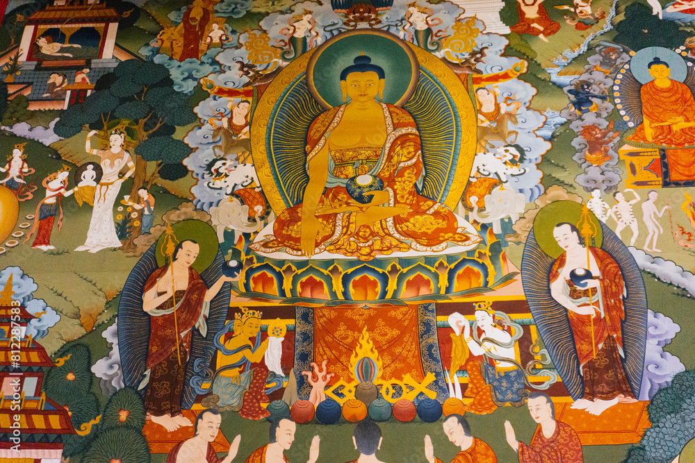 Fototapeta premium Ancient Buddhist temple multicolor mural