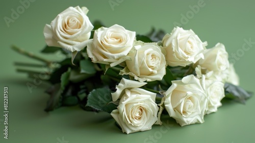 beautiful bouquet of bright white rose flowers, on table with green background © MUCHIB