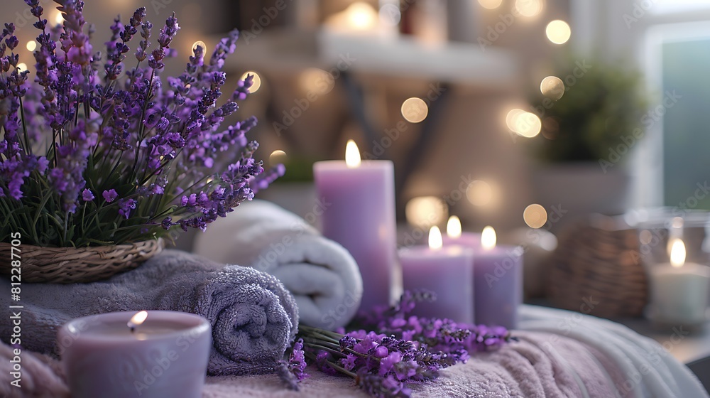 Serene lavender spa setting with candles and soft towels Serene lavender spa setting with candles and soft towels