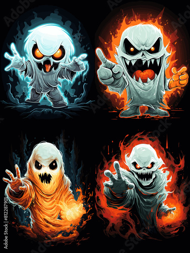 Fiery ghost characters with glowing eyes and dynamic energy, blending spooky, playful, and cartoonish styles. A creative, vibrant illustration of mischievous, supernatural spirits.

 photo