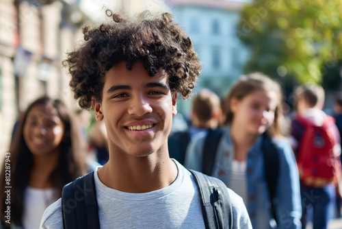 Cheerful teenage boy with curly hair smiling at the camera on a sunny day  with blurred classmates in the background  representing friendship and diversity in a school setting