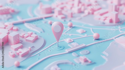 3d octane render, paper map and pin icon, light-blue and pink colors, 
