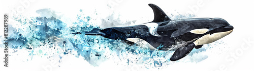 Generative AI watercolor illustration of a killer whale jumping out of the water in the ocean o a white background. © JoseLuis