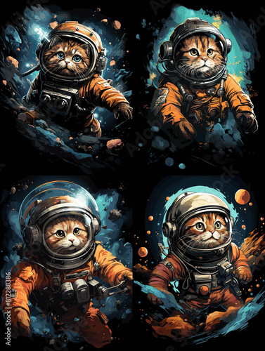 Design of a cat wearing a helmet and astronaut suit on a black background