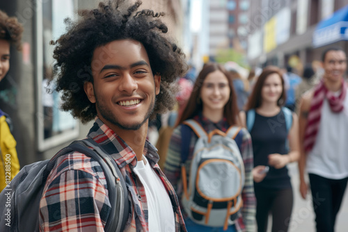 Cheerful young man with curly hair smiling at camera, leading a diverse group of friends through a bustling city street. Candid moment captures youth and urban life