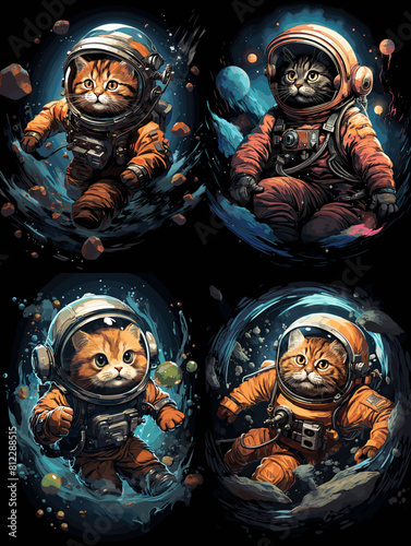 Adorable cats in space suits exploring outer space. A playful and whimsical space adventure blending cute animals, cosmic backgrounds, and futuristic astronaut gear in vibrant colors.

