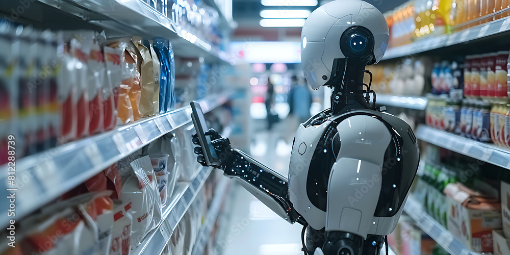 Robot inside the supermarket checking cell phone Robot inside the supermarket checking cell phone