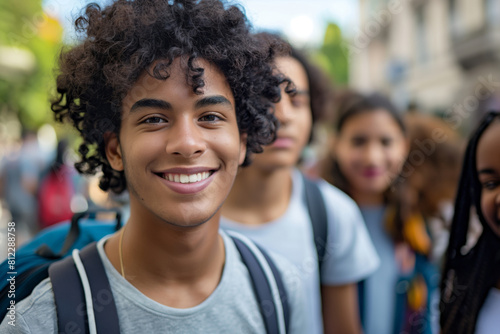 Cheerful young teenager with curly hair smiles brightly at the camera, flanked by blurry friends in the background, depicting a candid moment of youthful joy in an urban setting