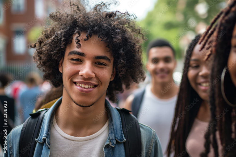 Portrait of a cheerful young man with curly hair smiling at the camera, with a group of diverse friends enjoying their time together in an urban setting Portrait of a cheerful young man with curly hair smiling at the camera, with a group of diverse friends enjoying their time together in an urban setting