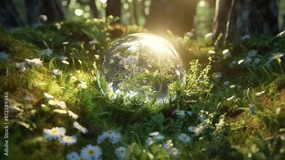 Earth growing in the Woods with plants and flowers, Earth Day concept Earth growing in the Woods with plants and flowers, Earth Day concept