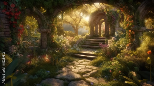 Archway in an enchanted fairy garden landscape