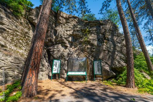 The historic Treaty Rock, a rock wall with a painted written compact between Frederick Post, a settler, and the Native American tribes, in 1871, in Post Falls, Idaho, a suburb of Coeur d'Alene Idaho.