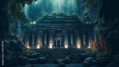 Temple in fantasy forest at night, old ruins and magic light, Surreal mystical fantasy artwork